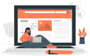 A person sits with a laptop on their knees, leaning against a large open laptop screen displaying a webpage. The webpage features an image, text, and a search bar. Around them are papers, envelopes, a pen, and a plant. Speech bubble indicates they are thinking or chatting.