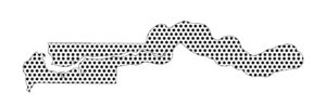 An outline map of The Gambia filled with a pattern of evenly spaced black dots on a white background. The shape follows the Gambia River, stretching horizontally and uniquely within the country’s narrow borders.