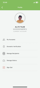 Screenshot of a mobile app profile page displaying a user's avatar, a name "Ali P.F Njie", an ID number "00301010194019113", and "Current Account". Options below are My Accounts, Biometric Verification, Manage Recipients, Manage Meters, and Sign Out. The status bar shows 10:49 on an iPhone with 78% battery.