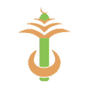 Stylized logo depicting a green mic-like object at the center with abstract green and orange shapes that look like open books or wings, forming a symmetrical design on a light orange background.