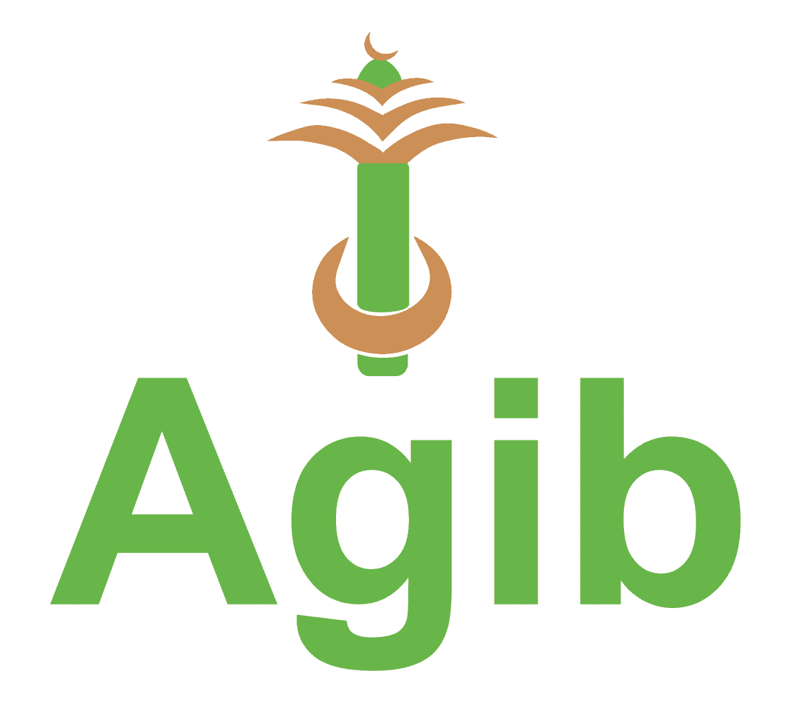 The image shows a logo with the text "Agib" in green. Above the text, there is a green column with orange curved elements and a crescent moon on top, forming a design that resembles a stylized tree or decorative torch. The background is an olive green color.