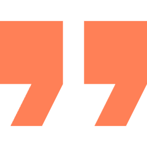 An orange double quotation mark symbol, featuring two large, bold opening quotation marks inverted to serve as closing quotation marks. The symbol is uniformly colored and displayed against a transparent background.