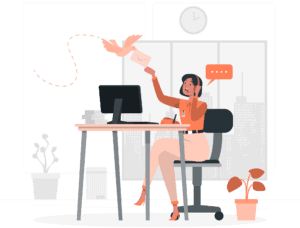 An illustration of a woman sitting at a desk in an office setting, reaching up to a bird delivering an envelope. She is speaking through a phone headset, with a speech bubble above her. The background features a large window with a cityscape view and a clock on the wall.