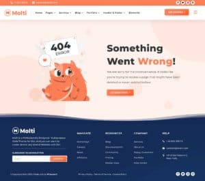 A website's 404 error page featuring an illustration of an orange cat with an alert icon above its head. Text reads "Something Went Wrong!" and "We are sorry for the inconvenience…" Navigation links and contact information are displayed at the bottom.