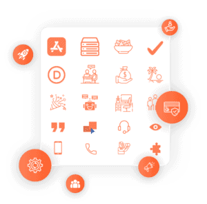 A white square with 25 orange icons inside, representing various business concepts like servers, team collaboration, money, task completion, and system security. Surrounding the square are additional orange icons like a megaphone, gear, and puzzle piece on a black background.