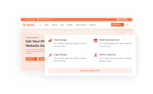 A web page template with a navigation bar at the top and a highlighted services section. The services highlighted include Web Design, Web Development, Logo Design, and White Labeling, each with a brief placeholder description below the titles.