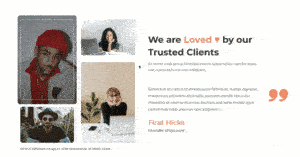 An animated testimonial page with a heading "We are Loved by our Trusted Clients." The page shows rotating images of different people, including a man in a red cap, a woman working on a laptop, and a man adjusting his glasses. Below is a testimonial by Firat Hicks, Founder of xy.com.