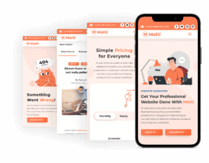 A display of multiple mobile screens from the Molti website. One screen shows an error message with a cartoon dog. Another displays a pricing page. A third screen shows a blog post. The final screen, viewed on a smartphone, highlights professional website services.