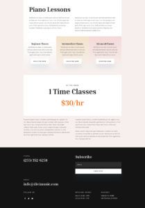 A website section advertising piano lessons at various levels: beginner, intermediate, and advanced. It also offers one-time classes for $30 per hour. The page features a contact phone number, email, subscription form, and the opening hours and address at the bottom.