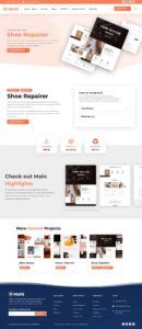 A webpage template for a shoe repair service. The layout features sections including an about section, highlighted project details, related projects with other services like bike repair and music teacher, and contact information. Vibrant and modern design.