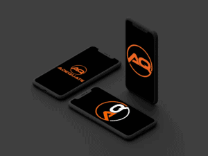 Three smartphones displaying the "Adequate" logo, featuring the letters "AQ" in orange on a black background. The phones are arranged with one standing upright and the other two laying flat, all set against a dark, neutral surface.