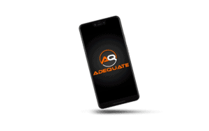 A smartphone displaying the Adequate logo is shown against a plain background. The screen has a black background with an "AQ" inside an orange and white circular design. "ADEQUATE" is written below the circle in bold, orange letters. The phone is slightly tilted.