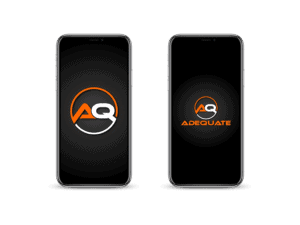 Two smartphones showcasing the Aq Adequate logo on their screens. The left phone displays the logo in orange and white against a gray background. The right phone shows the logo with the word "ADEQUATE" written in orange below it, all on a black background.