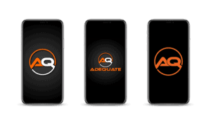 Three smartphones displayed against a black background, each showing variations of a logo with the letters "AQ." The first phone shows a stylized AQ, the second shows "AQ ADEQUATE," and the third shows another variation of AQ in orange and white.