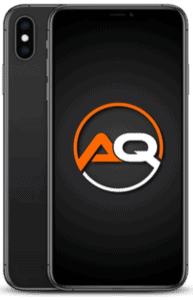 A black smartphone with a dual-camera setup on the back. The phone's screen displays a logo with the letters "AQ" in white and orange set against a black background.