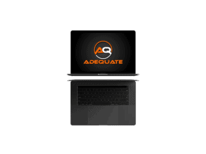 A laptop displaying a logo on its screen is set against a black background. The logo consists of the letters "AQ" in white and orange, with the word "Adequate" written below in orange.