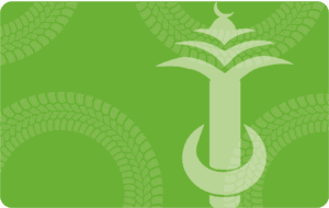 A light green stylized sword and crescent moon on a bright green background with a leaf pattern. The sword has layered, fan-like hilt guards, and the background is adorned with a curved, repetitive leaf motif.