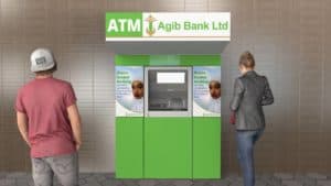A man in a red shirt and beige cap stands at an ATM marked "Agib Bank Ltd," while a woman in a gray jacket, with her hair tied up, waits behind him. The ATM is green with advertisements for Sharia Guided Banking on either side of the machine.