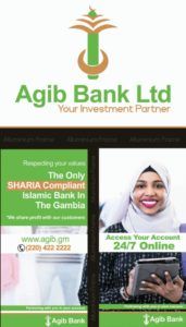 Advertisement for Agib Bank Ltd, promoting their Sharia-compliant Islamic banking services in The Gambia. It features a smiling woman in a hijab using a tablet, and provides contact details, website, and emphasizes 24/7 online account access.