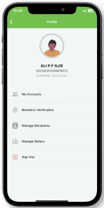 A smartphone screen displays a profile page for a user named Ali P.F. Njie, with account details and options for managing accounts, biometric verification, managing recipients, managing meters, and signing out. The top of the screen shows the time as 10:49 and the battery level at 78%.