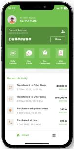 A mobile phone screen displays a banking app interface. The top section shows the user's profile icon, name, and account number. Below are options to make a transfer, buy credit, buy Cashpower, and check mini statements. Recent transactions are listed at the bottom.