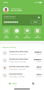 A mobile banking app screen showing account details, recent activity, and various transaction options. The current account balance is obscured. Recent activity includes bank transfers and purchases. Four icons at the bottom provide quick access to home, activity, offers, and more.