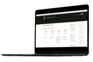 A sleek, black laptop displaying a banking website interface for "Apah Bank Limited." The screen shows account balances, transaction history, and various service options like funds transfer and bill payment. The background is transparent, highlighting the laptop's screen.