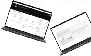 Two laptops displaying screens from a banking website. The left screen shows a dashboard with account summary and services, while the right screen displays a form for entering login credentials, with both laptops tilted diagonally.