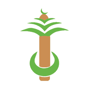 A stylized graphic of a green tree with four horizontal layers of leaves and a brown trunk, resembling a palm tree. The trunk is centrally aligned, and there is a green crescent shape at the bottom. A small green crescent sits at the top of the tree.