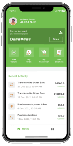 A smartphone screen displaying a banking app. The app shows an account summary for Ali P.F. Njie with options for transferring money, buying credit, and purchasing a cash power token. Recent activities include money transfers, token purchases, and airtime purchase.